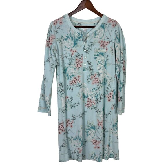 Miss Elaine Blue Floral Long Sleeve Soft Pajama Sleep Dress Women's Medium - Picture 1 of 4